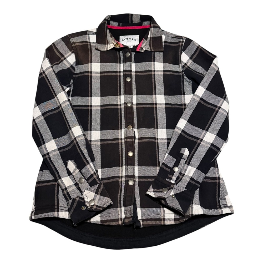 Orvis Fleece Lined Flannel Plaid‎ Snap Black/White Shirt Women's Small FLAWS